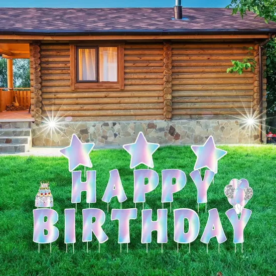 18 Pcs Iridescent Happy Birthday Yard Sign with Stakes Shiny Happy Birthday Yard Lawn Signs Cake Balloon Star Outdoor Birthday Yard Decorations for Birthday Party Supplies, Laser Color {5}