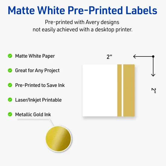 Avery Printable Square Labels, Gold Double-Dipped Edge, 2" x 2", Matte White Square Labels, Permanent, Laser/Inkjet, 120ct, Great for Product Labels {2}