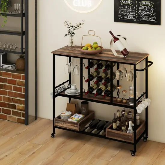 3 Tiers Bar Cart on Wheels with Glass Racks Brown {3}