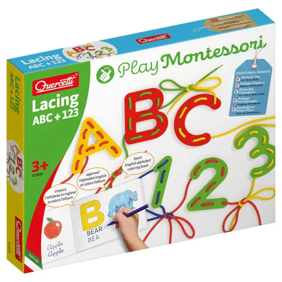 Quercetti: Play Montessori: ABC & 123 - Lacing - 53pc Craft Toy Set, Laces, Letters, Numbers, Coloring Book, Develops Fine Motor Skills, Kids Ages 3+ {1}