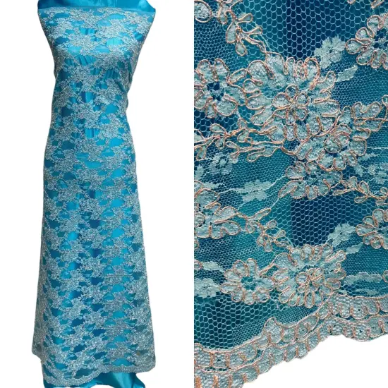 1 Yard Corded Bridal Lace Fabric Embroidered on Net Mesh 54" Width Lime Green Color {7}