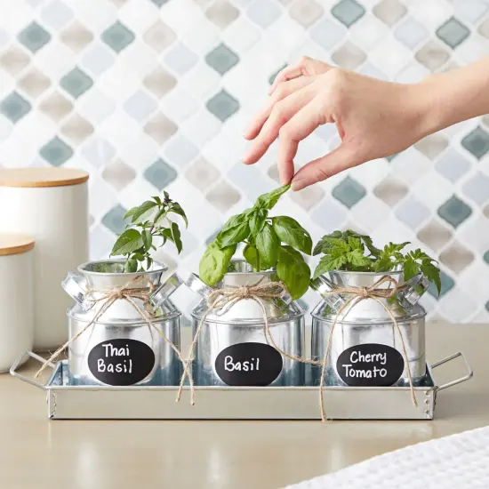 Set of 3 Galvanized Metal Window Herb Planters for Indoor Plants, Farmhouse Flowers Pots with Tray (4"D x 14"W x 5"H) {2}