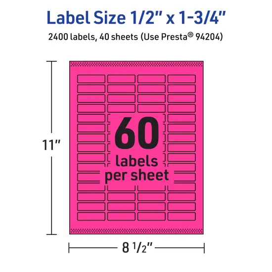 Avery Neon Magenta Paper Labels, 0.5" x 1.75" Rectangle {5}