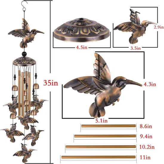 Hummingbird Wind Chimes for Garden, Gifts for Mom, Home, Balconies, Room, Patio, Indoor, Outdoor Decoration, Wind Catcher, Bronze Memorial Wind Bell, Bird Wind Chimes Decor {4}