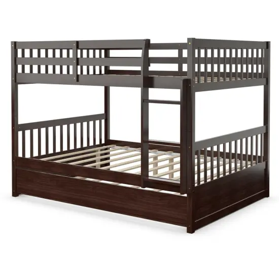 Wooden Full over Full Bunk Platform Wood Bed with Ladder and Trundle Perfect for Dorms Room Brown {3}