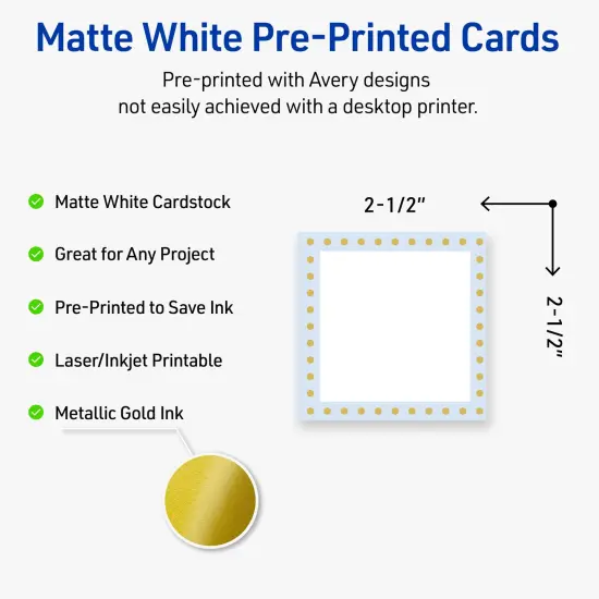 Avery Printable Square Cards, Gold Dots with Blue Border, 2.5" x 2.5", Matte White Square Cards, Laser/Inkjet, 90ct, Great for Business Cards {2}