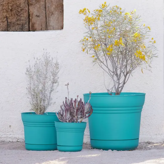 Bloem Saturn Round Planter With Saucer Tray: 12" - Bermuda Teal - Durable Plastic Pot, Matte Finish, Removable Saucer, For Indoor & Outdoor Use, Gardening, 3 Gallon Capacity {7}