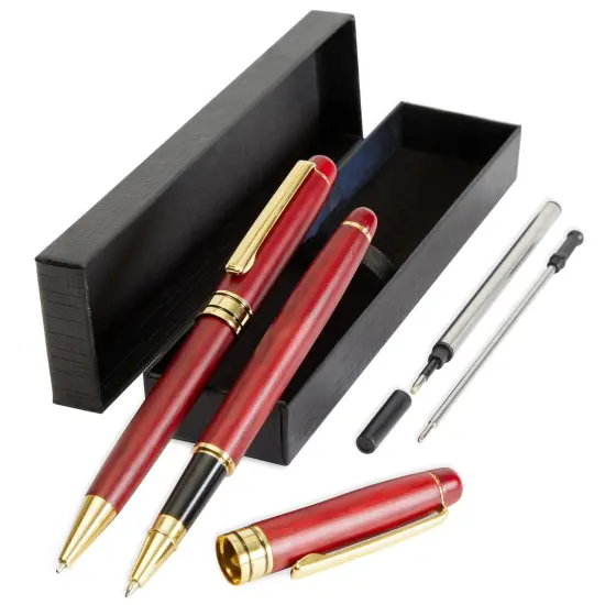 2 Pack Luxury Rosewood Pen Sets for Men Gift - Fancy Nice Ballpoint Pens with Black Ink Refills for Signature Executives Business Office {2}