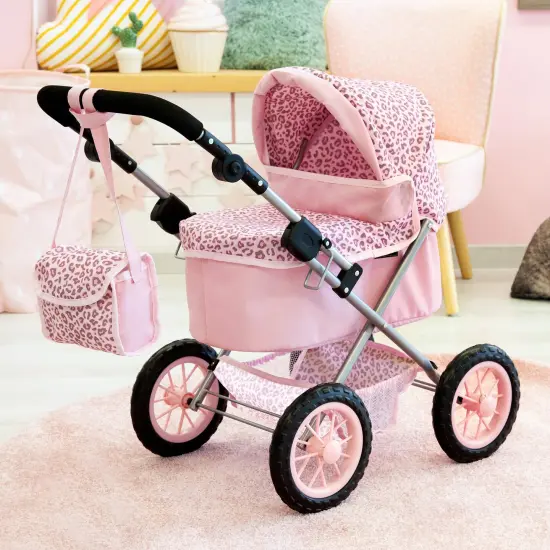 Bayer: Trendy Pram - Pink & Animal Print- Includes Shoulder Bag, Fits Dolls Up to 18", Adjustable Handle, Pretend Play, Shopping Basket {5}