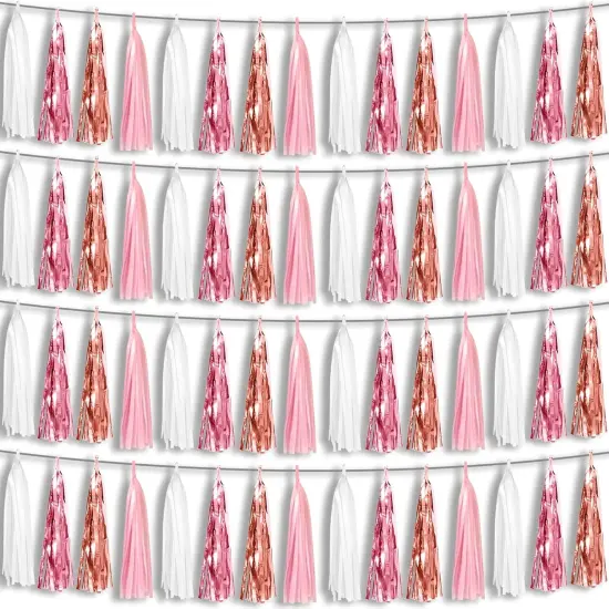 4P Pink White Peach Rose Gold Tassels Party Tassel Garland Banner, Tassels Banner Streamers for Parade Floats, Bachelorette, Wedding, Birthday, Christmas, Bridal/Baby Shower Party Decorations {1}
