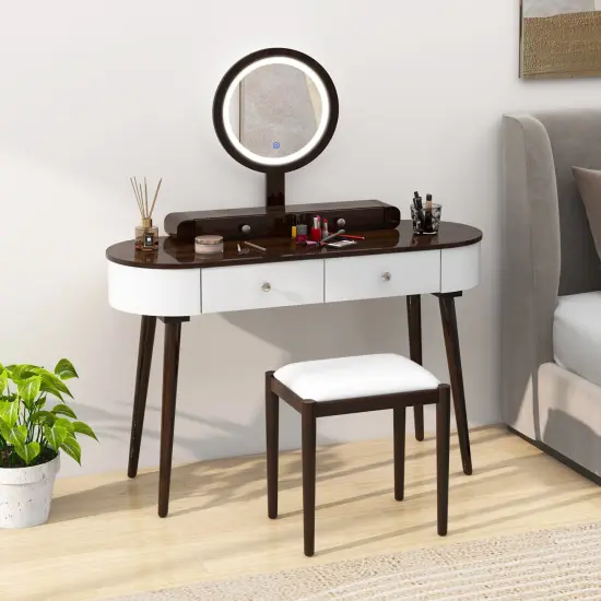 LED Lighted Vanity Table Set with Adjustable Mirror & Cushioned Stool White-Brown {2}