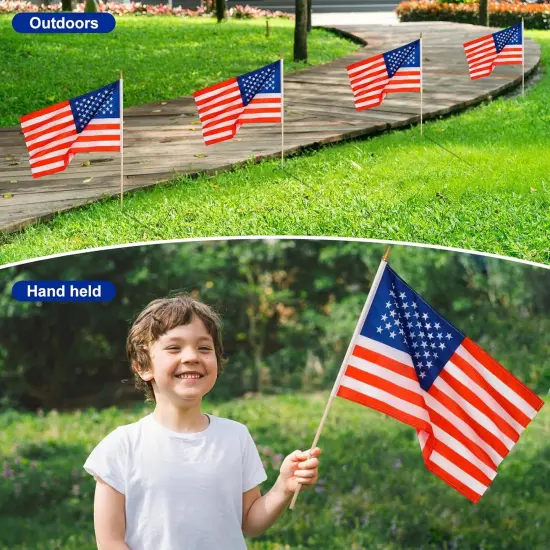 12 Pack US American Stick Flags Small 12x18 Inch USA Hand Held Flags with 24 Inch Wooden Pole for Yard,July 4th,Veteran Party,Memorial Day, Independence Day Decoration {5}