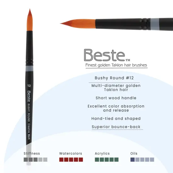 Creative Mark Beste Golden Taklon Bushy Round, #12 Artist Paint Brush, Professional Watercolor Brushes, For Acrylic Painting, Short Handle, Sharp Edges, Hand-Tied & Shaped {3}