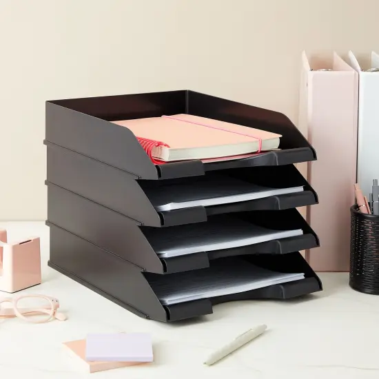4 Pack Black Stackable Paper Trays for Letter Documents, Desktop File Organizers for Office Supplies, Stackable Desk Tray Holder for Paper Storage (10 x 13.45 x 2.5 In) {3}