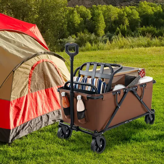 Metal Folding Utility Wagon Cart with Adjustable Handle and Wheels Coffee {2}
