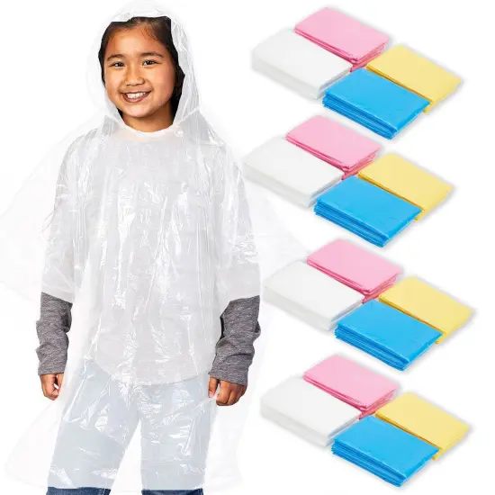 20-Pack Disposable Rain Ponchos for Kids - Emergency Plastic Raincoats with Hood for Boys and Girls Ages 3-14 (4 Colors, Clear) Multicolor {1}