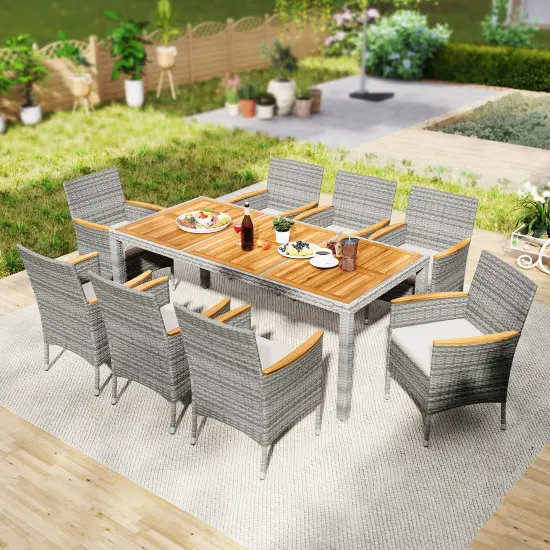 9 Pieces Patio Wicker Dining Set Including Ergonomic Armchairs with Cushions and Metal Frame White {2}