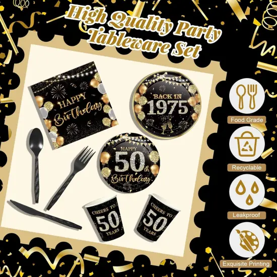 240 Pcs 50th Birthday Party Tableware Sets Include Plates Napkins 9oz Cups Cutlery Anniversary Dinnerware Party Supplies for Men Women Him Her, Serve 30 Guests (Black Gold) {2}