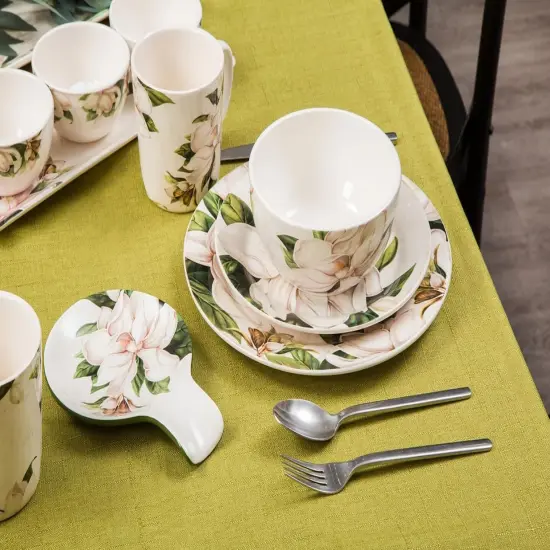 Magnolia Floral Ceramic Mugs, Set of 4, for Coffee {3}