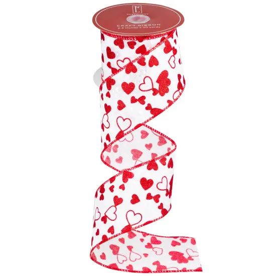 Northlight Glittered Hearts Valentine's Day Wired Craft Ribbon-2.5" x 10 Yards - White and Red {3}