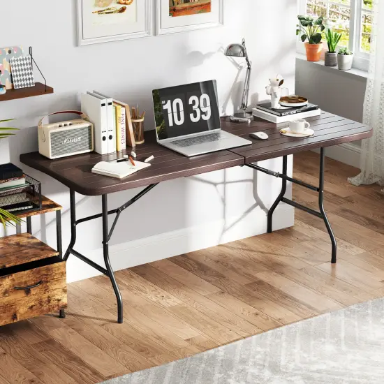 6 Feet Wood Grain HDPE Folding Table with Safety Lock and Metal Legs Perfect for Outdoor Use Brown {3}