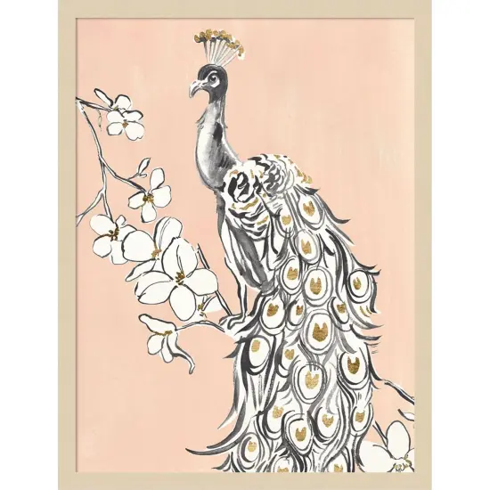 Peacock in Gold II by Annie Warren Wood Framed Wall Art Print {1}