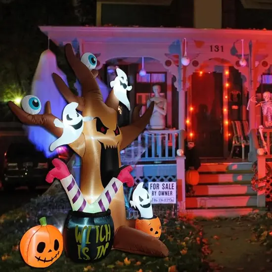 Outdoor Spooky Halloween Tree with Blow up Ghosts, Eyeballs, Pumpkins {5}