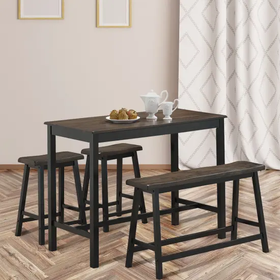 Costway 4 Pcs Solid Wood Counter Height Table Set w/ Height Bench & Two Saddle Stools {3}