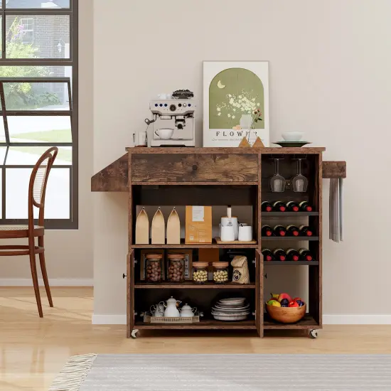 Kitchen Drop Leaf Island Cart with Power Outlets and Wine Rack Storage Shelves Locking Wheels Rustic Brown {3}