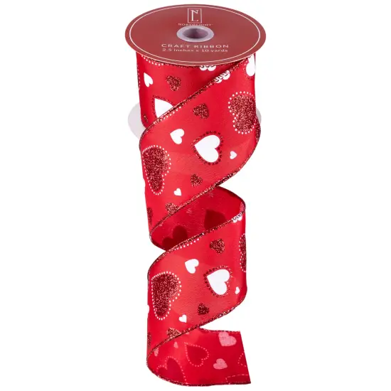 Northlight Glitter Hearts Valentine's Day Wired Craft Ribbon - 2.5" x 10 Yards - Red and White {3}