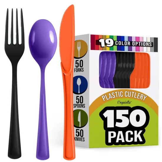 Exquisite Polished Plastic Silverware &ndash; 150 Pcs Heavy Duty Cutlery Set &ndash; 50 Each of Forks, Knives & Spoons &ndash; Disposable Utensil Set for Parties, Events & Catering &ndash; Flatware Set by Party Solids Halloween {1}