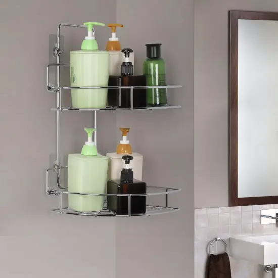 Bathroom Corner Two-Level Wall-Mounted Storage Shelf, Stainless Steel Without Drilling {4}