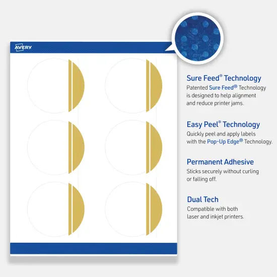 Avery Printable Round Labels, Gold Double-Dipped Edge, 3" Diameter, Matte White Round Labels, Permanent, Laser/Inkjet, 60ct, Great for Product Labels {3}