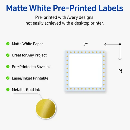 Avery Printable Square Labels, Gold Dots with Blue Border, 2" x 2", Matte White Square Labels, Permanent, Laser/Inkjet, 120ct, Great for Product Labels {2}