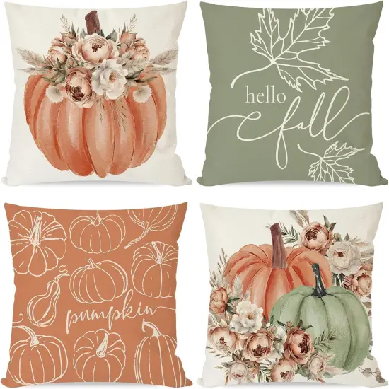 Set of 4 Pumpkin Hello Fall Throw Pillow Covers 20x20 Inch {1}
