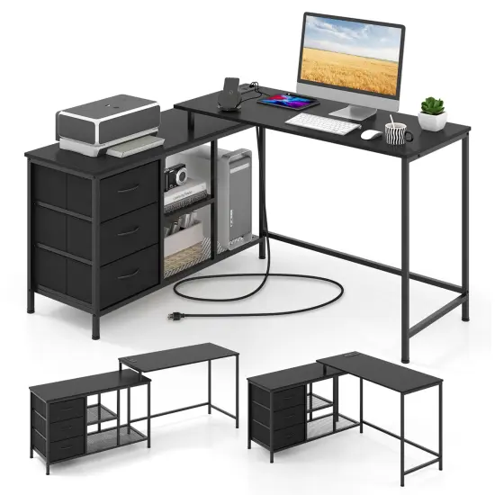 Costway L-shaped Computer Desk with Power Outlet, Drawers, Metal Mesh Shelves Rustic Brown/Black/White {8}