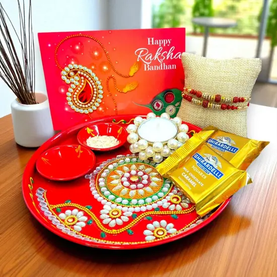Rakhi Gift Hamper Rakhi for Brother Gift Set - Rakhi Set of 1 with Puja Thali Roli Chawal Candle Holder Sweets Greeting Card - Raksha Bandhan Bracelet Rakhi for Bhai {1}