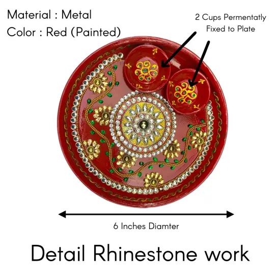 6 Inch Rhinestone Pooja Aarti Thali with Bowls Meenakari Work Red Painted Handmade Platter Haldi Kumkum Thali Ganesha Chaturthi Teej Diwali Puja Thali Housewarming Gift {4}