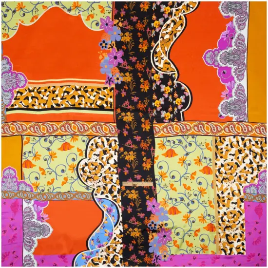1 Panel Silk Charmeuse with Bold Lime, Orange and Amethyst Floral Patchwork for Couture Designs 55" Wide {3}