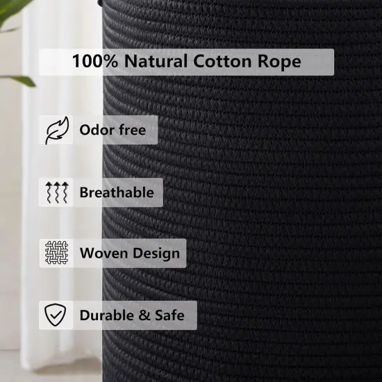 Black Woven Rope Laundry Basket Hamper for Clothes Tall Modern Blanket Storage Basket in Living Room Bedroom {4}