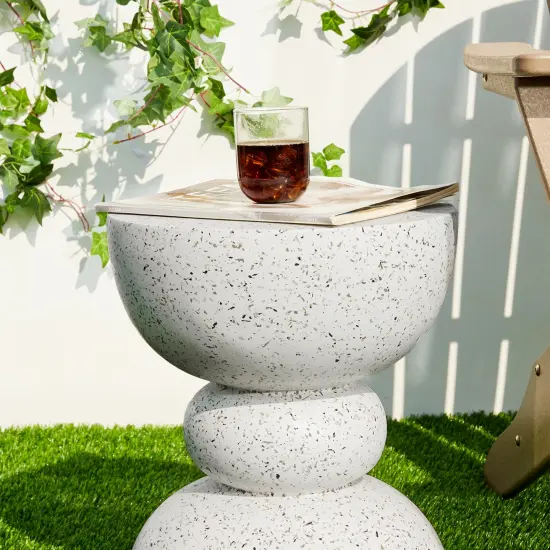 Set of 2 17.25"H Multi-functional MGO Faux Terrazzo Garden Stool or Planter Stand or Accent Table White {12}