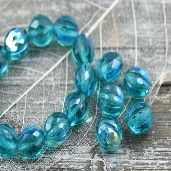 *12* 10mm Dark Aqua AB Faceted Round Melon Beads {4}