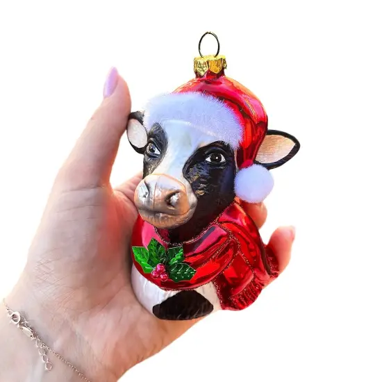 Festive Cow in Wreath Blown Glass Christmas Ornament, Farmhouse Theme Tree Decoration {4}