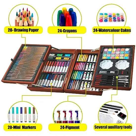 139 Piece Art Sets & Crafts Kit with Sketch Pads, Deluxe Wooden Box for Artist Beginners Girls Boys (Light Brown) {1}