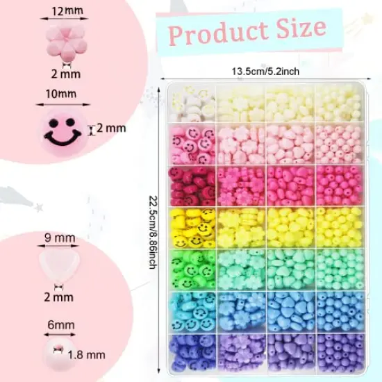 1260 Pieces Acrylic Pastel Beads, Candy Color Flower Beads Happy Face Beads Heart Beads Round Shaped Beads Colorful Assorted Cute Beads Kawaii Beads Bulk for Bracelets Jewelry Making Phone Charm Bead {1}