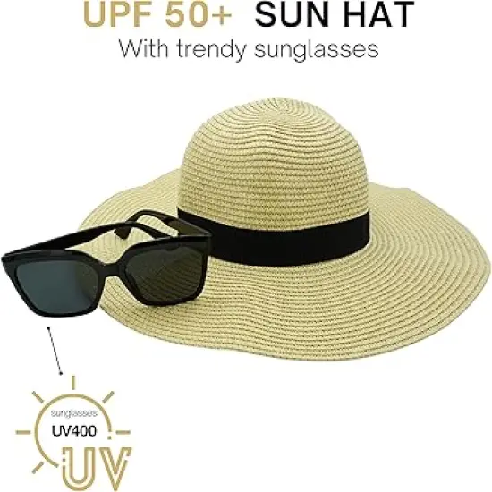4E's Novelty Sun Hat for Women UV Protection with Sunglasses, UPF 50+, Packable Beach Hat, Beige {3}