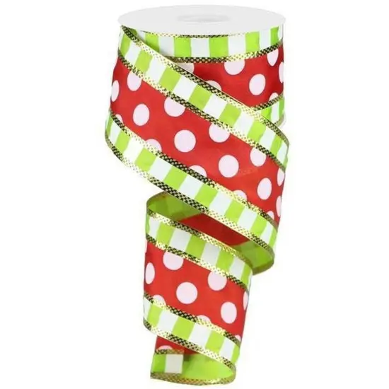2.5" Striped Edge Polka Dot Ribbon: Red, Lime & White (10 Yards) {1}