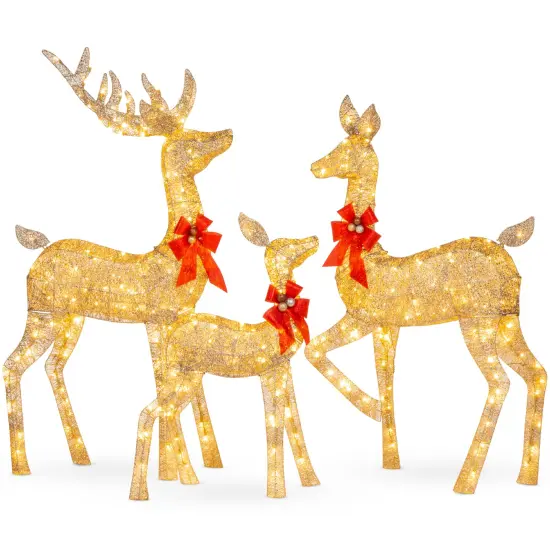 Best Choice Products 6.5ft 3-Piece Lighted Christmas Deer Set Outdoor Yard Decoration with 385 LED Lights, Stakes Gold {1}