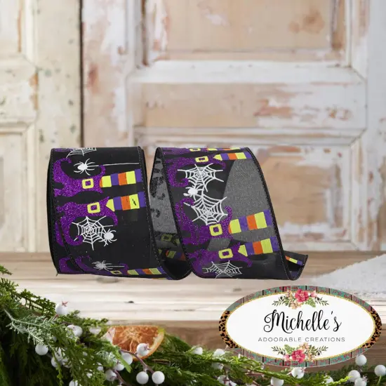 2.5" Witch Leg and Spider Web Ribbon: Black (10 Yards) {4}