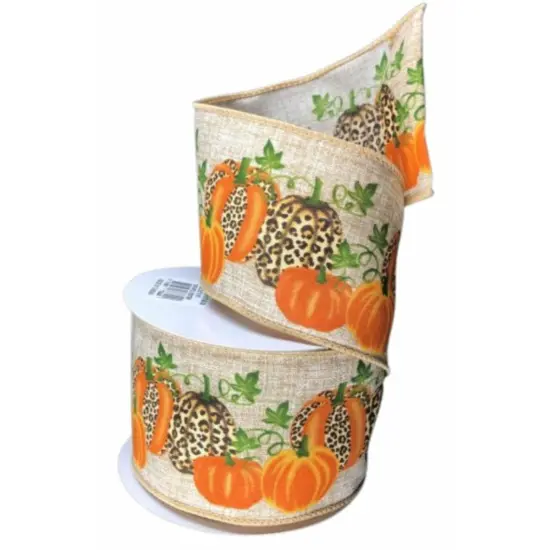 2.5" Natural Linen Cheetah Pumpkin Ribbon: Orange (10 Yards) {2}